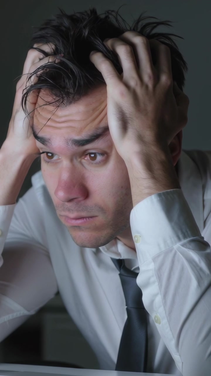 Vertical video: Leaning toward monitor, man in tie rubbing hair then holding head at desk, stressed