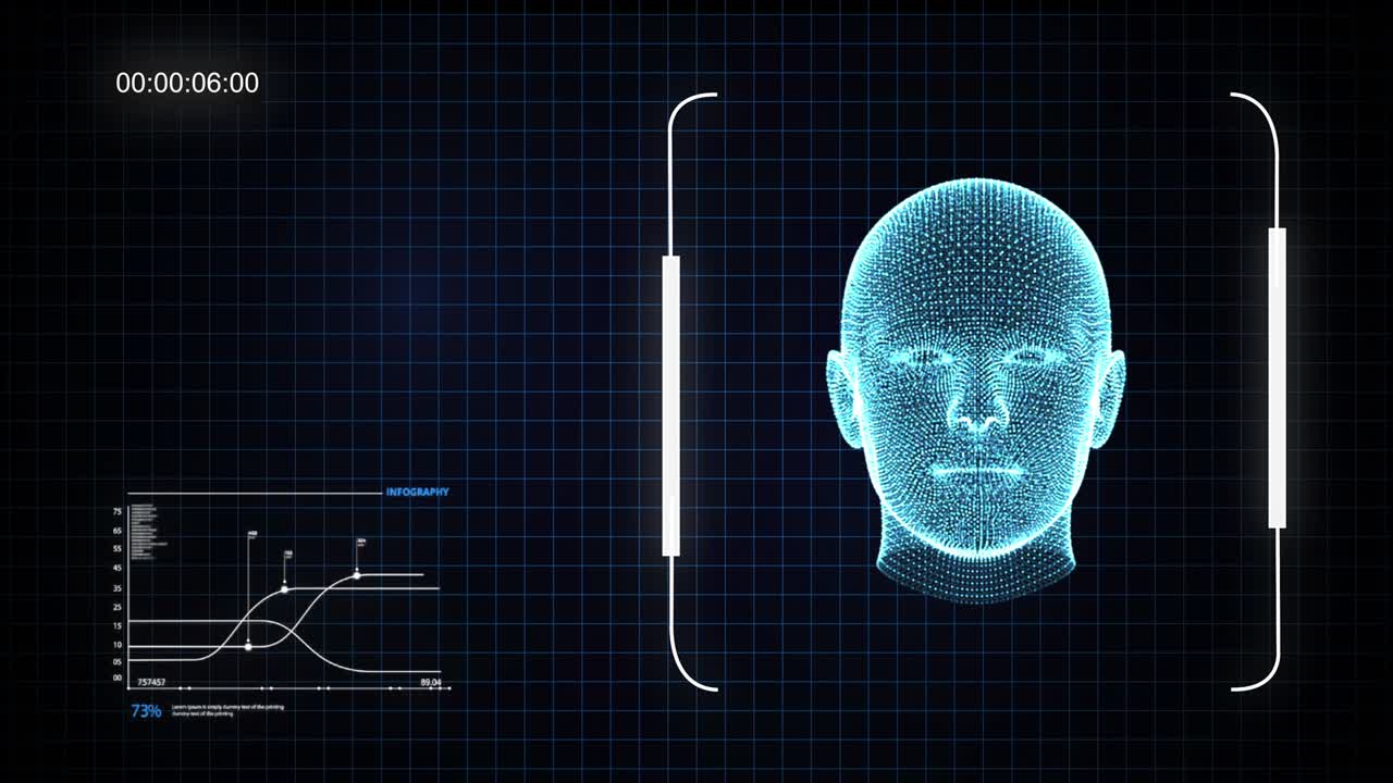 4k video of blue human hologram spinning around.