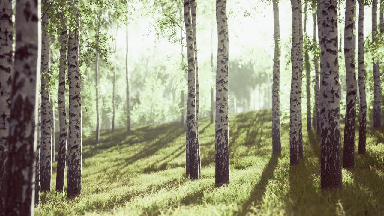 Lumottu lehto, jossa auringon valaisemia koivuja tyynenä aamuna