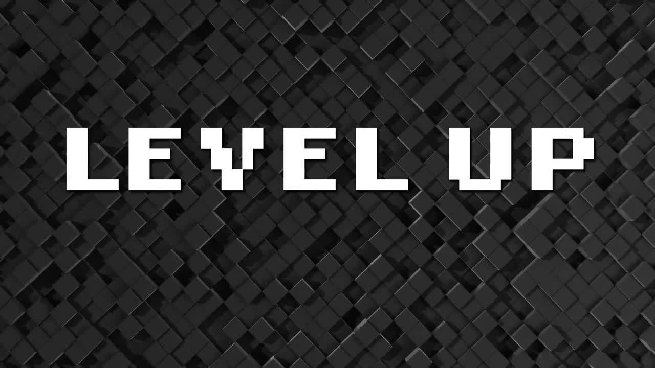 animación de las palabras de nivel en la pantalla de un videojuego de computadora