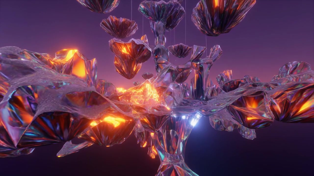 Abstract 3D Animation of Glowing Crystalline Floating Structures