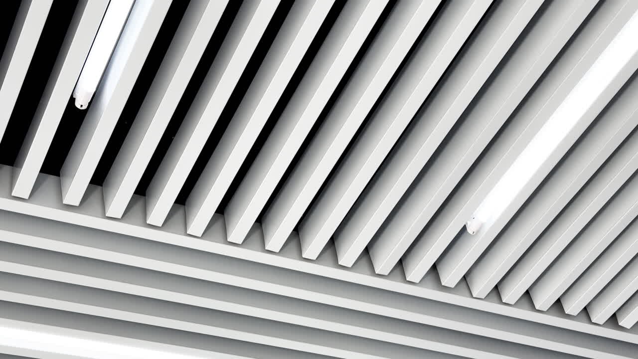 Ceiling decorated with panels in diverse directions and led lamps among them. Black and white image of switched on illumination. Low angle view.