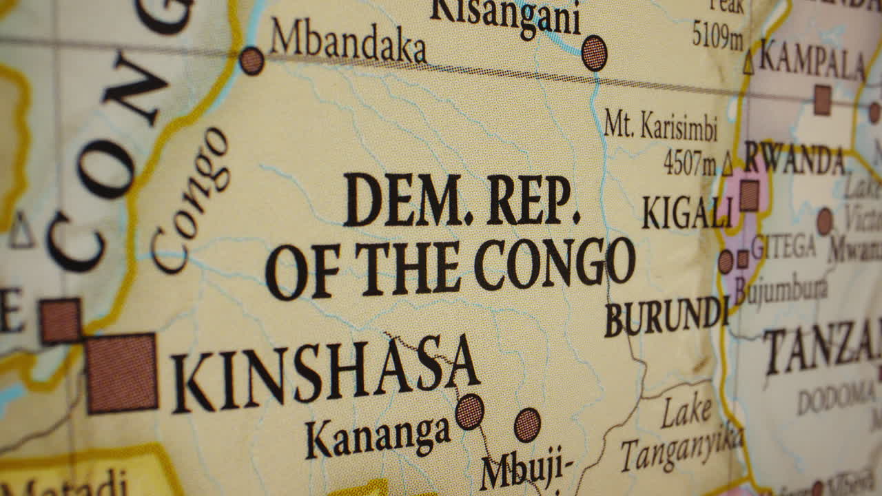 Close-up view of a map centered on the Democratic Republic of Congo and its neighboring Central African countries