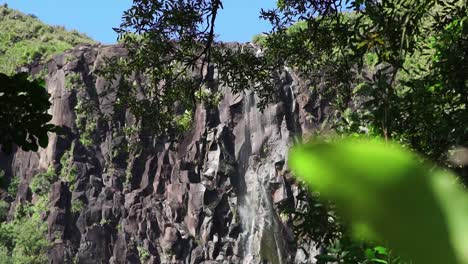 Incredible-steep-rocky-cliff-in-the-middle-of-rainforest-with-small-waterfall-raining-down-the-high-natural-formation-surrounded-by-trees