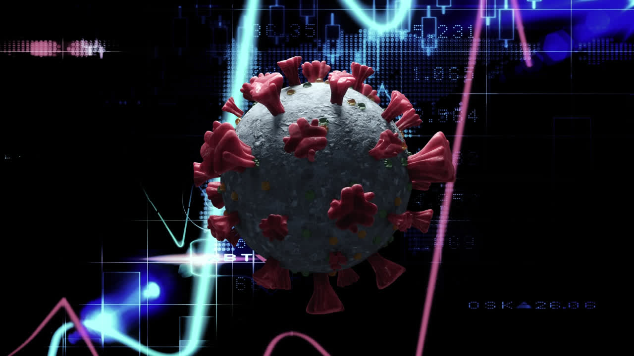 animación digital de la célula de covid-19 girando sobre el procesamiento de datos financieros en fondo negro