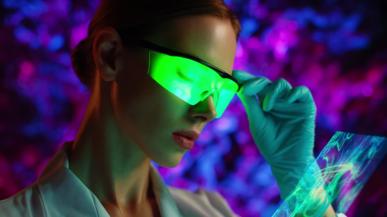 A focused scientist in futuristic eyewear examines a glowing holographic display with vivid colors in a high-tech laboratory, showcasing advanced research and innovation in the field of science