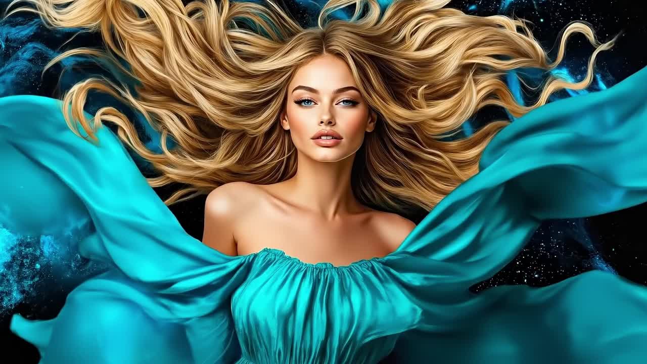 женщина с длинными светлыми волосами в синем платье