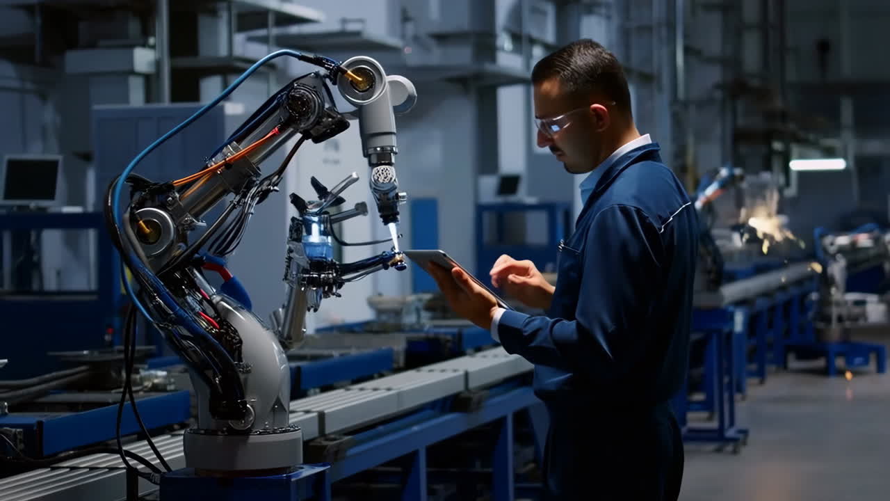 Engineer programming robotic arm in factory