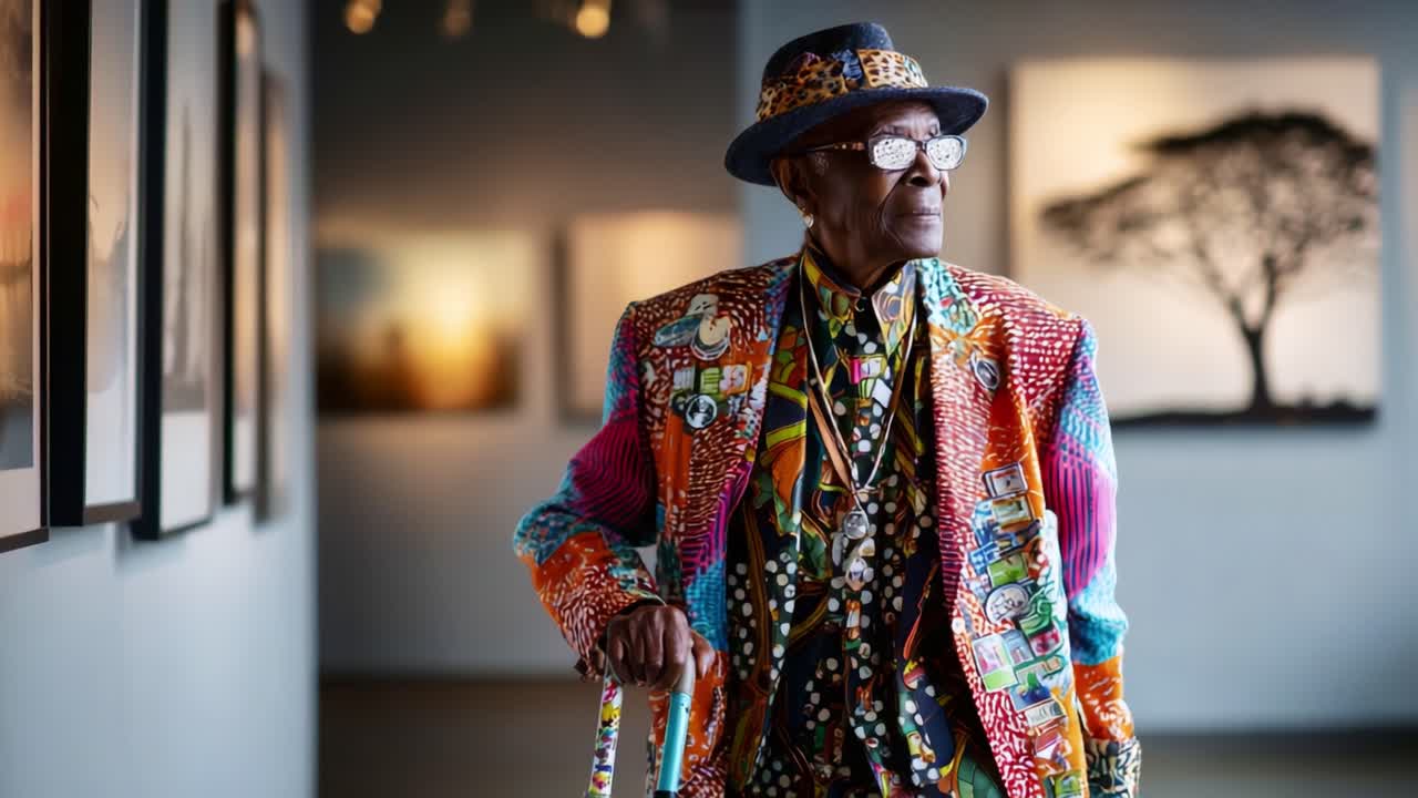 A Dressed-Up Elder in Vibrant Colors: Capturing the Essence of Unique Style and Confidence Against an Art Gallery Backdrop with Stunning Visuals