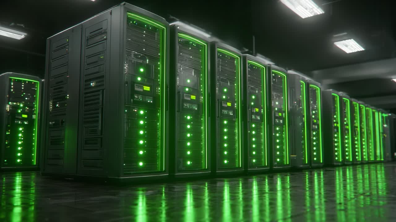 Et højteknologisk datacenter med rækker af imponerende serverracks med levende grøn belysning og elegant design, der viser hjertet af moderne computerinfrastruktur