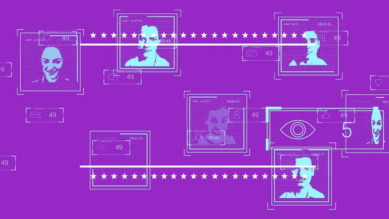animación de las reacciones de las redes sociales y los usuarios en fondo púrpura con líneas de estrellas