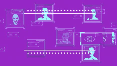 Animation of social media reactions and users on purple background with lines of stars