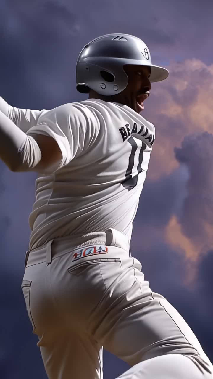 Giovane atleta afferra la mazza, pronto per lo swing. Nuvole drammatiche si raggirano dietro di lui, proiettando ombre profonde. Il suo sguardo è fisso in avanti, concentrato e determinato. Il momento prima dell'impatto, la tensione è palpabile.