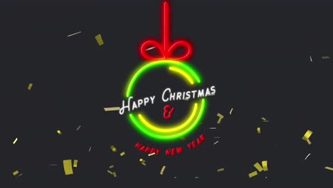 Animation-of-seasonal-greeting-text-over-neon-string-and-green-bauble-with-gold-confetti,-on-black