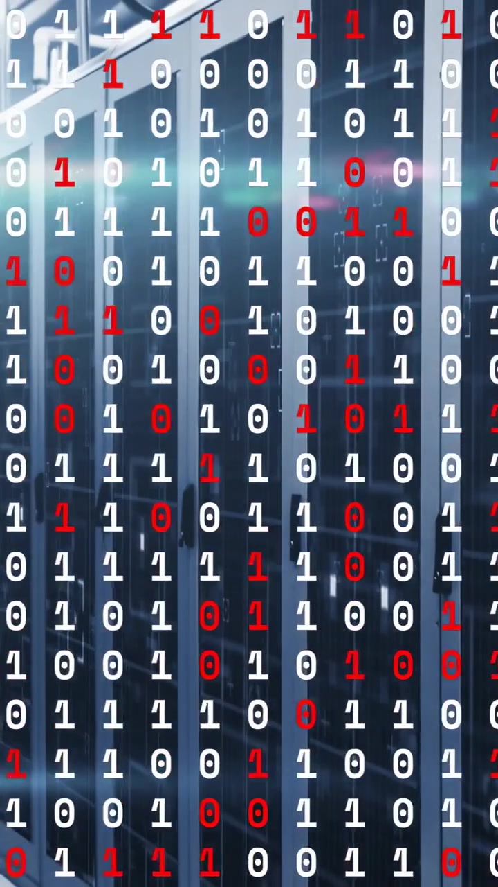 Vertical video: On feed start, binary digits flowing down, shifting red, suggesting data stream