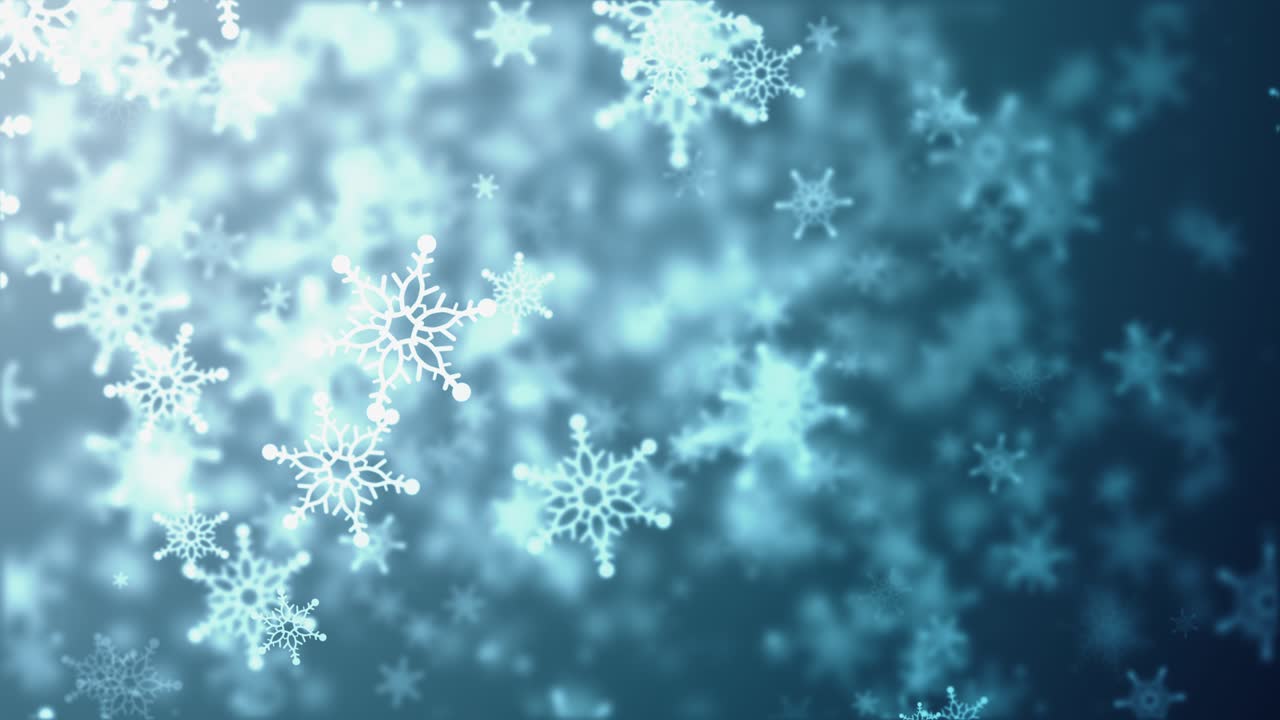 cadute di fiocchi di neve bianchi e luci bokeh su sfondo blu. sfondo di natale 4k 3d loop. celebrazione, ringraziamento, buon natale, vacanza, inverno, nuovo anno, fiocco di neve, festivo, fiocolo di neve.