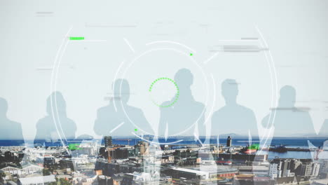 animation of circular scope scanning with data processing over city and business people silhouettes