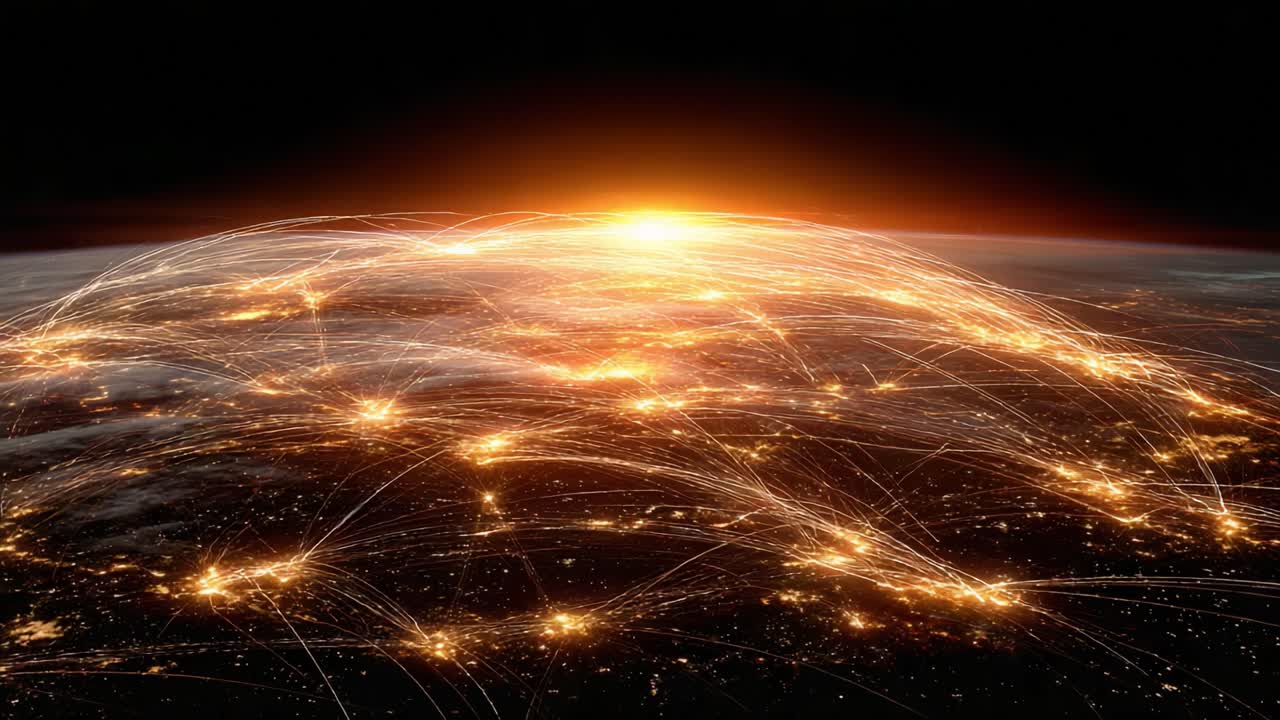 A Stunning Visualization of Global Connectivity: Illuminated Paths of Data and Energy Across the Earth as the Sun Rises, Representing a New Era of Communication and Technology