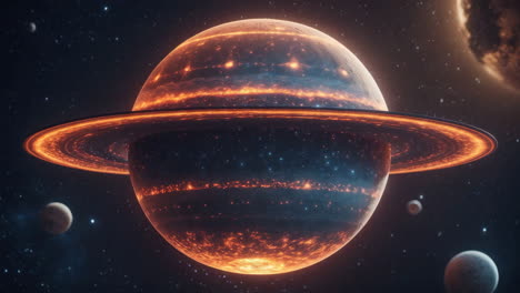 glowing ringed planet in deep space