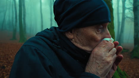 Old Man Blows His Nose on a Cold, Foggy Winter Mountain