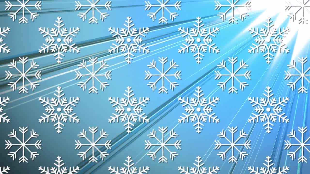 파란색 배경의 빛 트레일에 맞춰 원활한 패턴으로 여러 개의 눈송이 아이콘