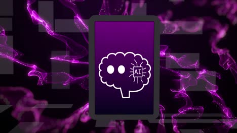 Animation-Der-KI-Datenverarbeitung-über-Tablet-Und-Violettem-Hintergrund