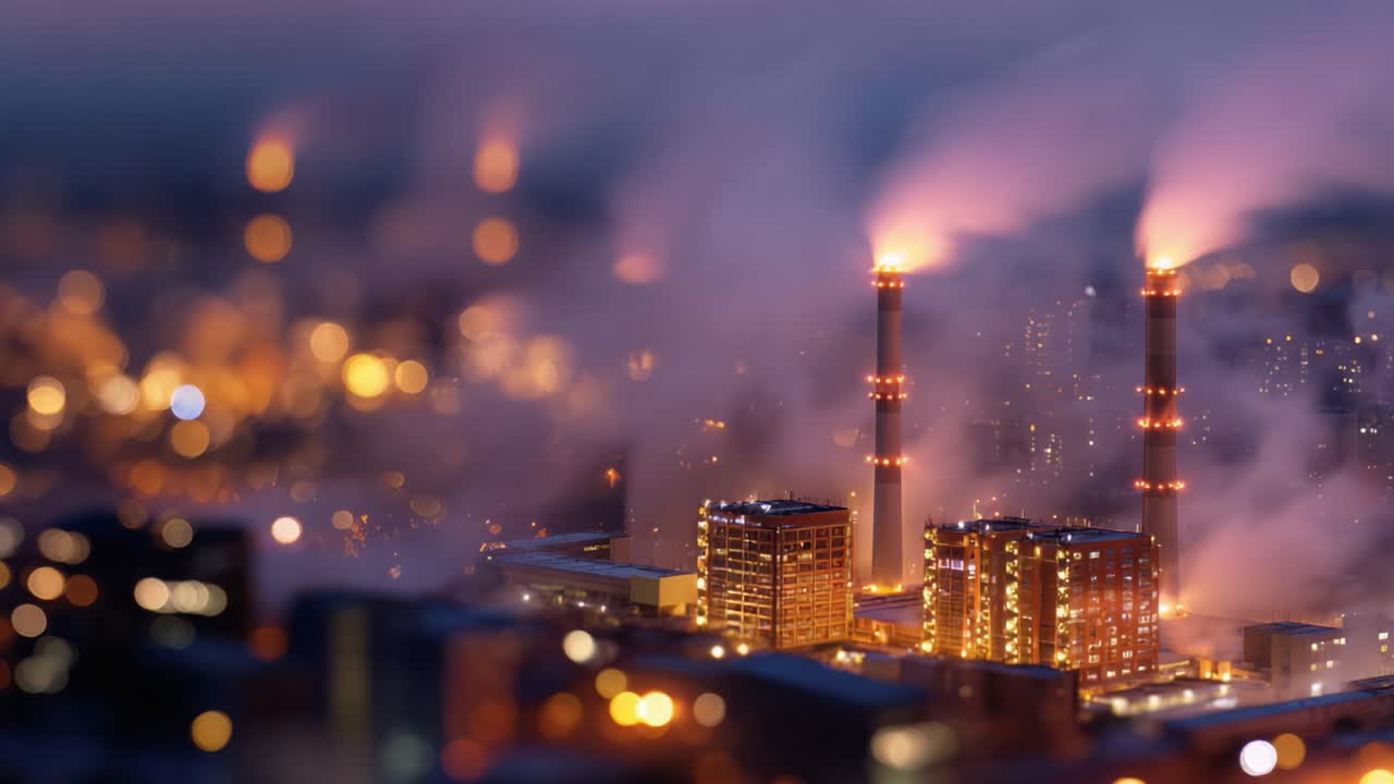 Une vue nocturne à couper le souffle d’un complexe industriel avec des cheminées illuminées, émettant de la vapeur et de la fumée dans l’atmosphère urbaine pendant les heures du crépuscule.