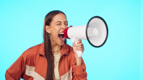 Megaphone,-scream-and-angry-woman-in-studio