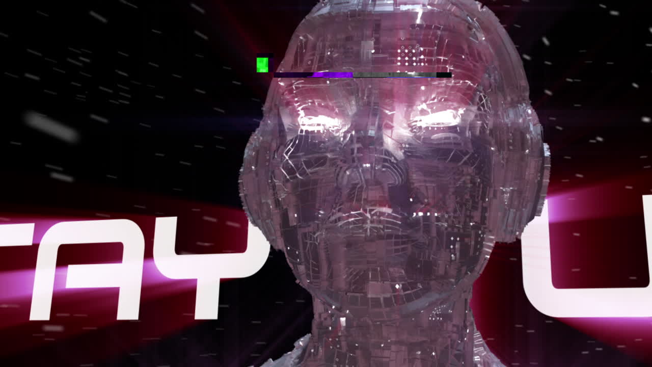 AI Humanoid with Circuit Board Skin and 'Stay Tuned' Message
