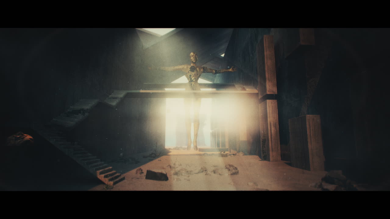 A giant robot statue in a ruined futuristic city