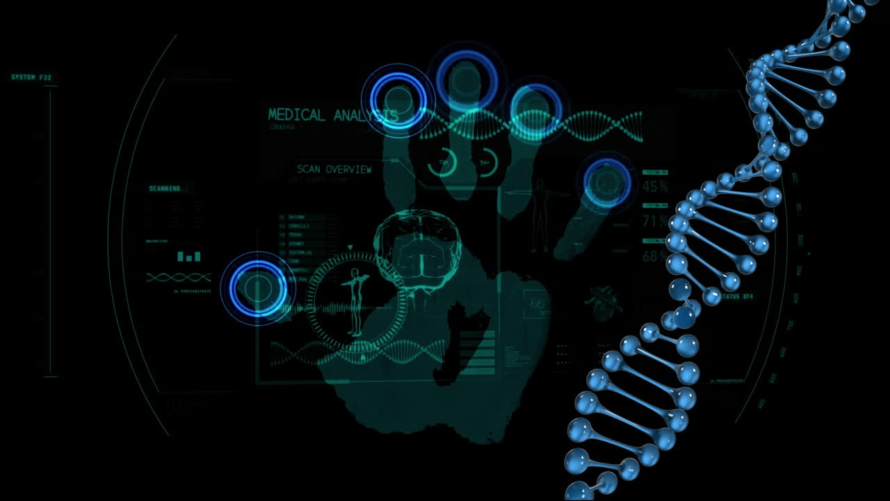animación del hilado de cadena de adn y procesamiento de datos sobre huella de mano biométrica