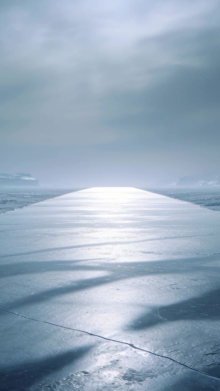 Vertical video: Shifting center shiny ice altering bright band at shore with clouds filtering light