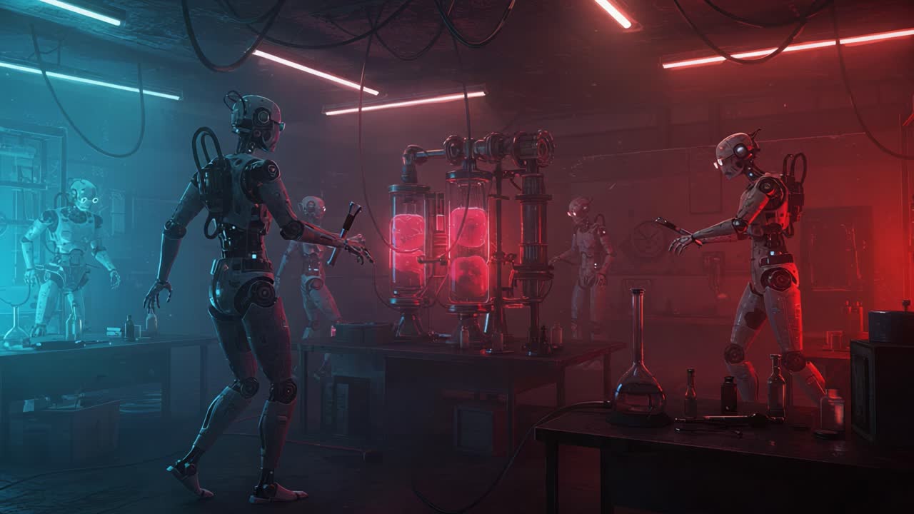 In a futuristic laboratory, advanced robots conduct mysterious experiments amidst glowing equipment, showcasing innovation, technology, and artificial intelligence in a captivating interplay of light and shadow