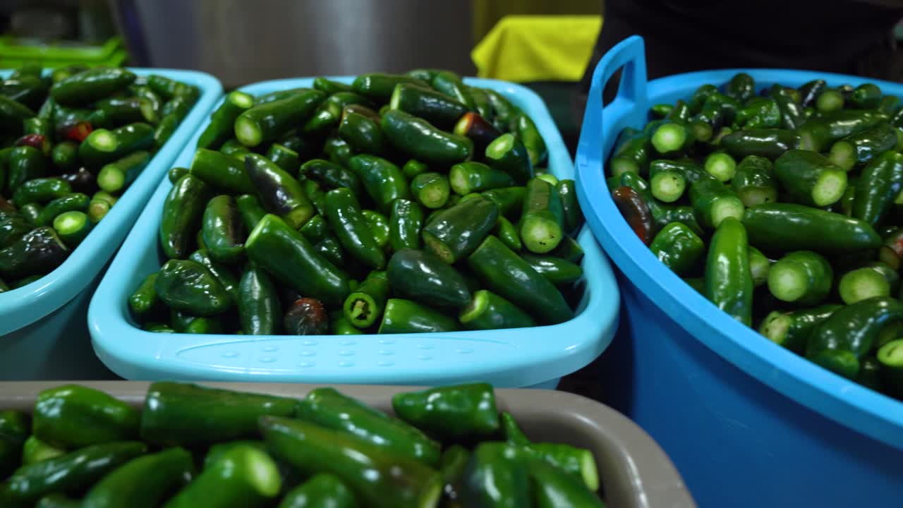 Hand picking fresh jalapeños from bins for food preparation process in farmer's market