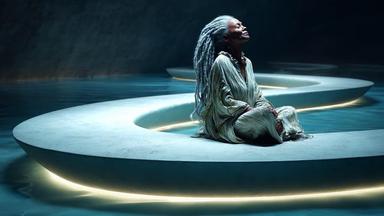 A serene moment of reflection and joy as a woman with flowing grey hair sits peacefully on a lighted pathway, surrounded by tranquil waters in a captivating ethereal environment