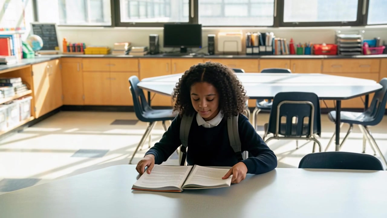 Reading girl navy sweater with backpack walking to school table pulling chair placing book sitting