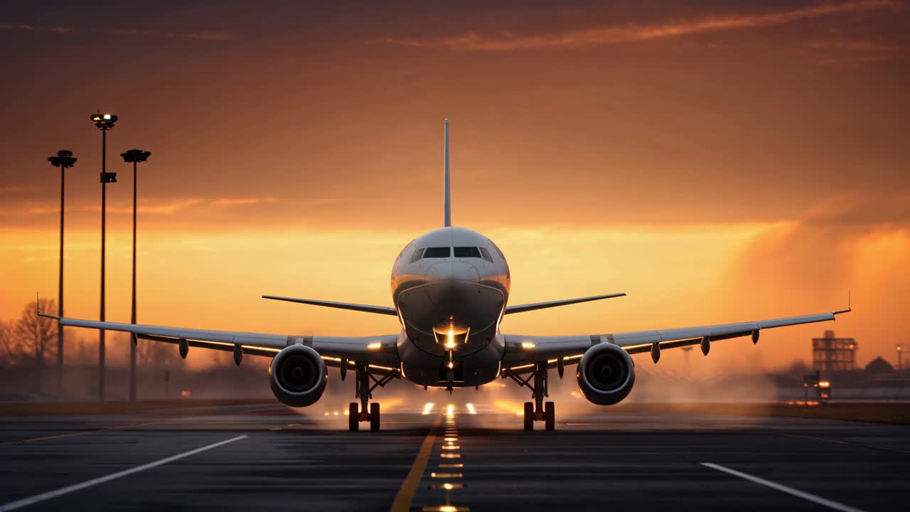 Foto a bassa angolazione di un aereo su una pista al tramonto, che cattura il cielo spettacolare