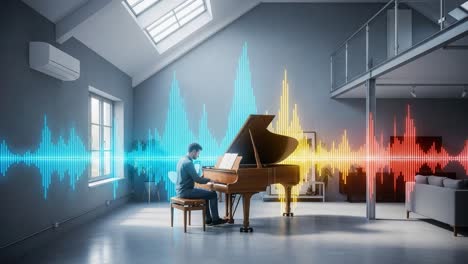 a passionate pianist creates melodic harmony amidst vibrant sound waves in a bright, spacious room filled with natural light