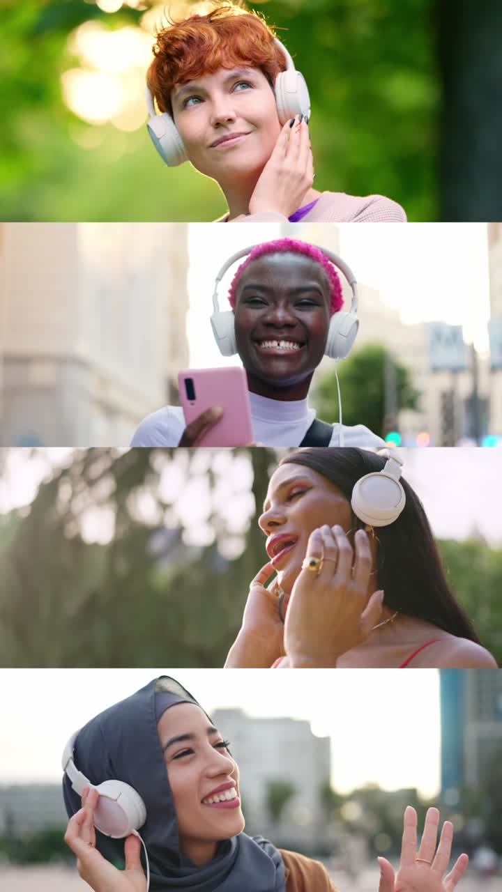 Diverse group of women enjoying music with headphones