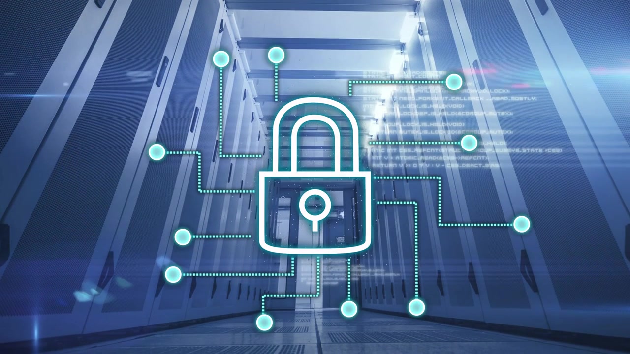 Central padlock icon appearing in data center aisle, forming network nodes and securing systems