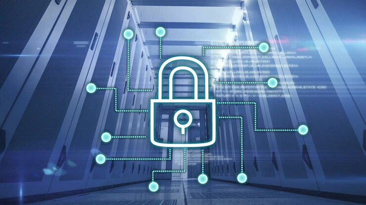 Central padlock icon appearing in data center aisle, forming network nodes and securing systems