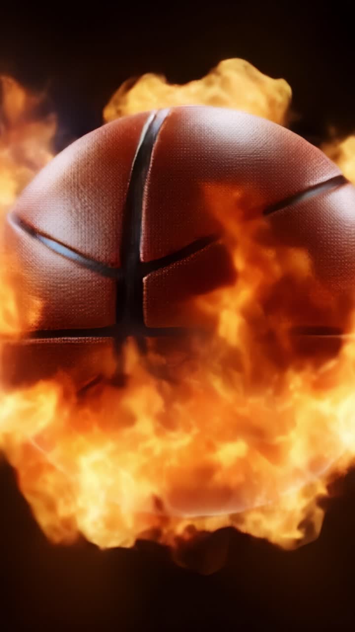 Un pallone da basket infuocato che ruota in aria, mostrando un'incredibile dimostrazione di energia ardente, movimento e l'intensità degli sport competitivi in azione