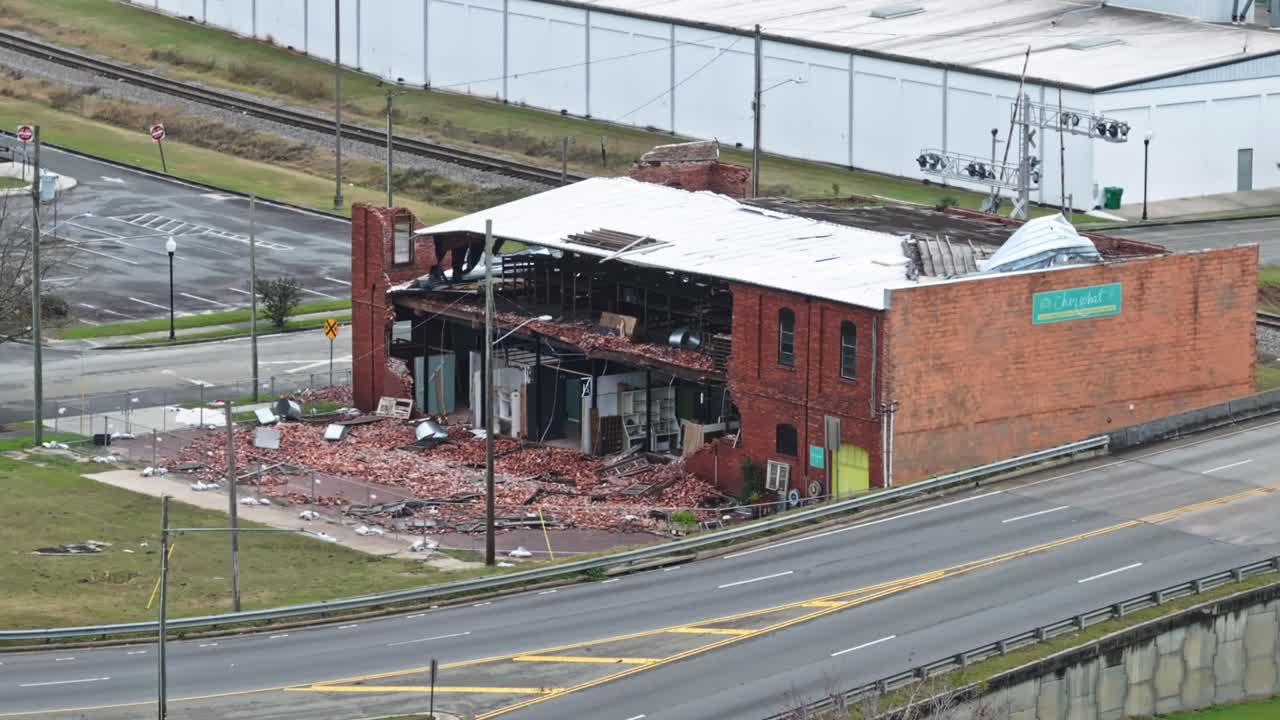 Building Destroyed By Hurricane Helene In Georgia, USA. Storm Aftermath. aerial shot