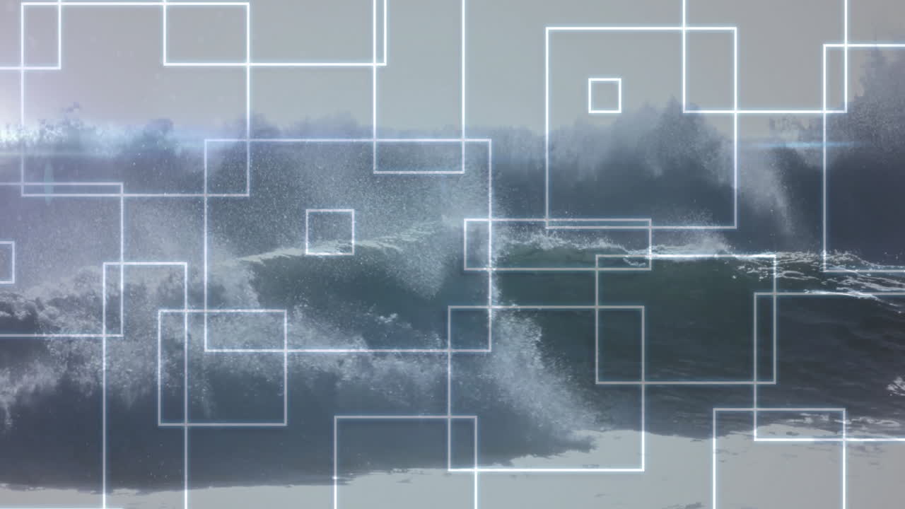 Geometric shapes and lines animation over ocean waves crashing on shore