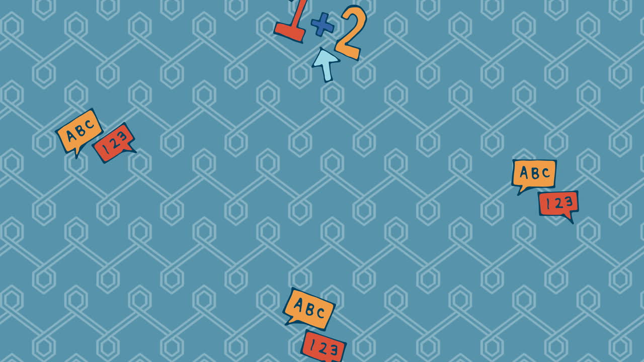 múltiples números y iconos de alfabetos que caen contra un patrón sin costuras sobre un fondo azul