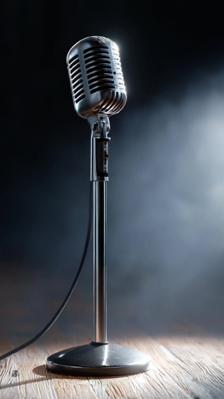 A Captivating Close-up of a Vintage Microphone Standing Alone on a Wooden Stage, Bathed in Soft Light and Surrounded by a Mystical Atmosphere
