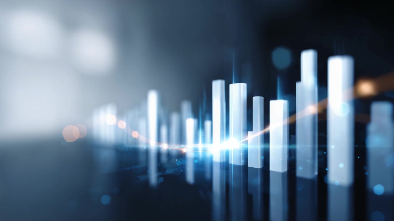 Et nærbilde av dynamisk datavisualisering med lyse søyler og glødende lys som viser en engasjerende trendanalyse i et digitalt miljø.