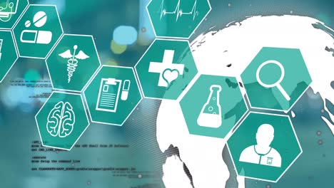 Animation-of-hexagons-with-medical-icons-over-globe-on-green-background