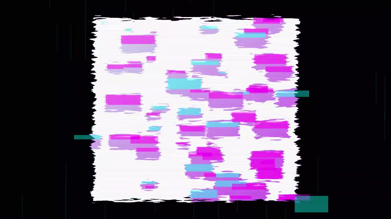 Efecto glitch digital con rectángulos morados y cian