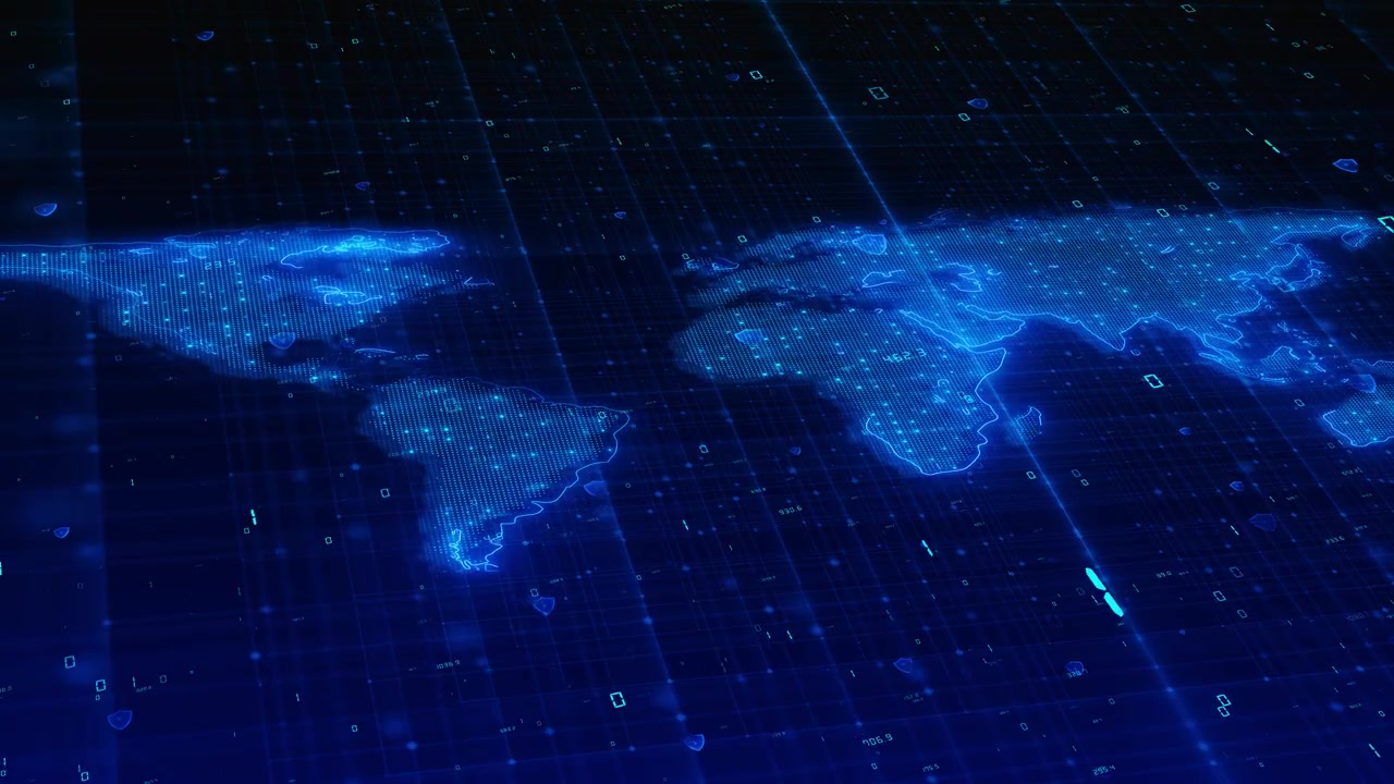 Global cyber security map visual blue dotted continents shield symbols data grid dark technology